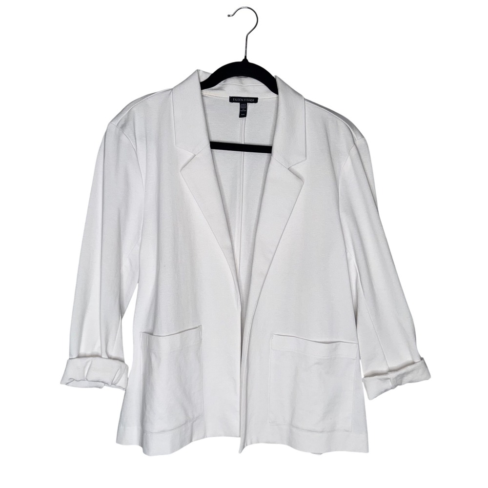Eileen Fisher Blazer Women Medium‎ White Organic Cotton Open Front Knit Pocket
